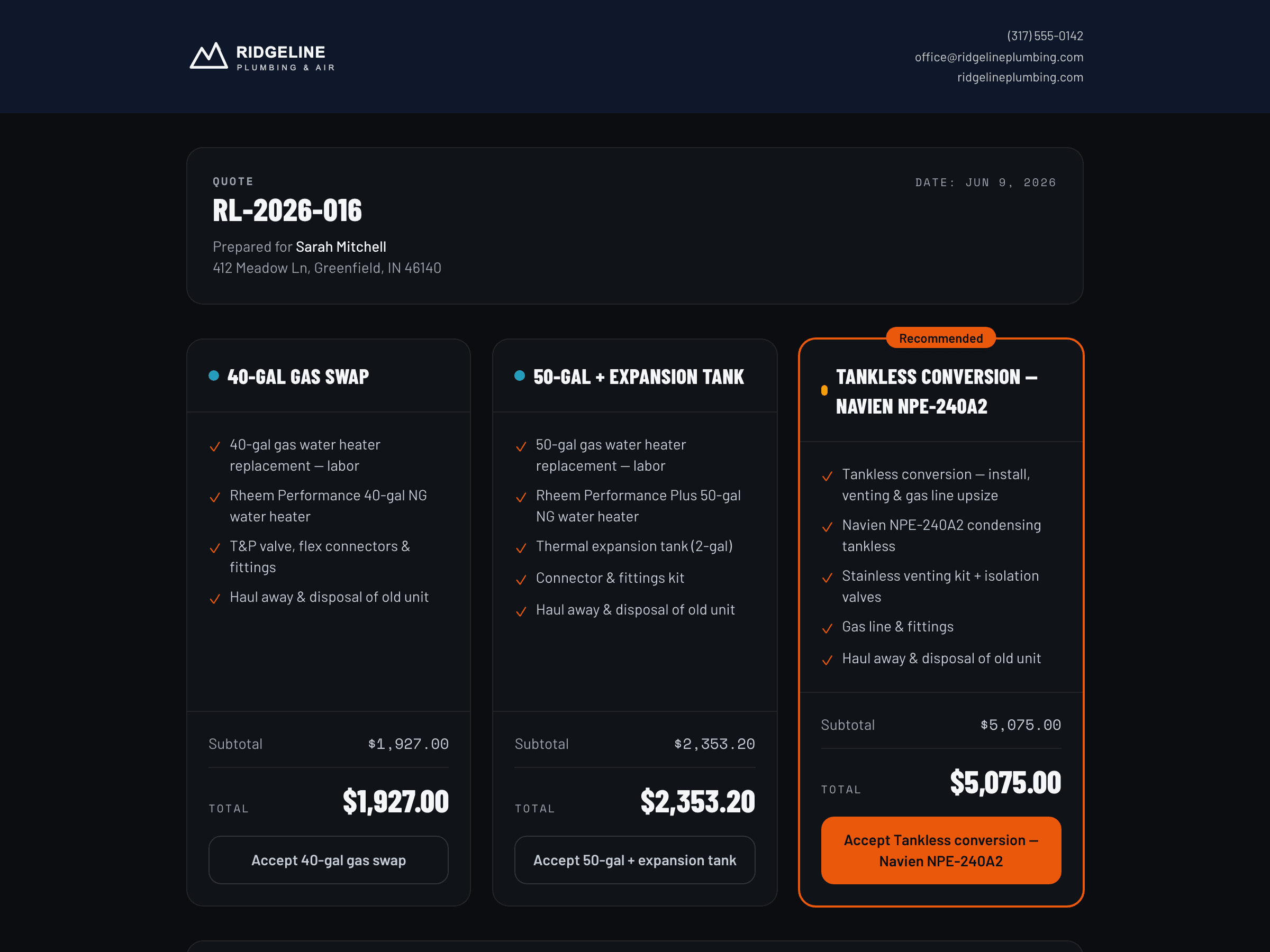 Customer view of a branded BidTorch estimate with three pricing options