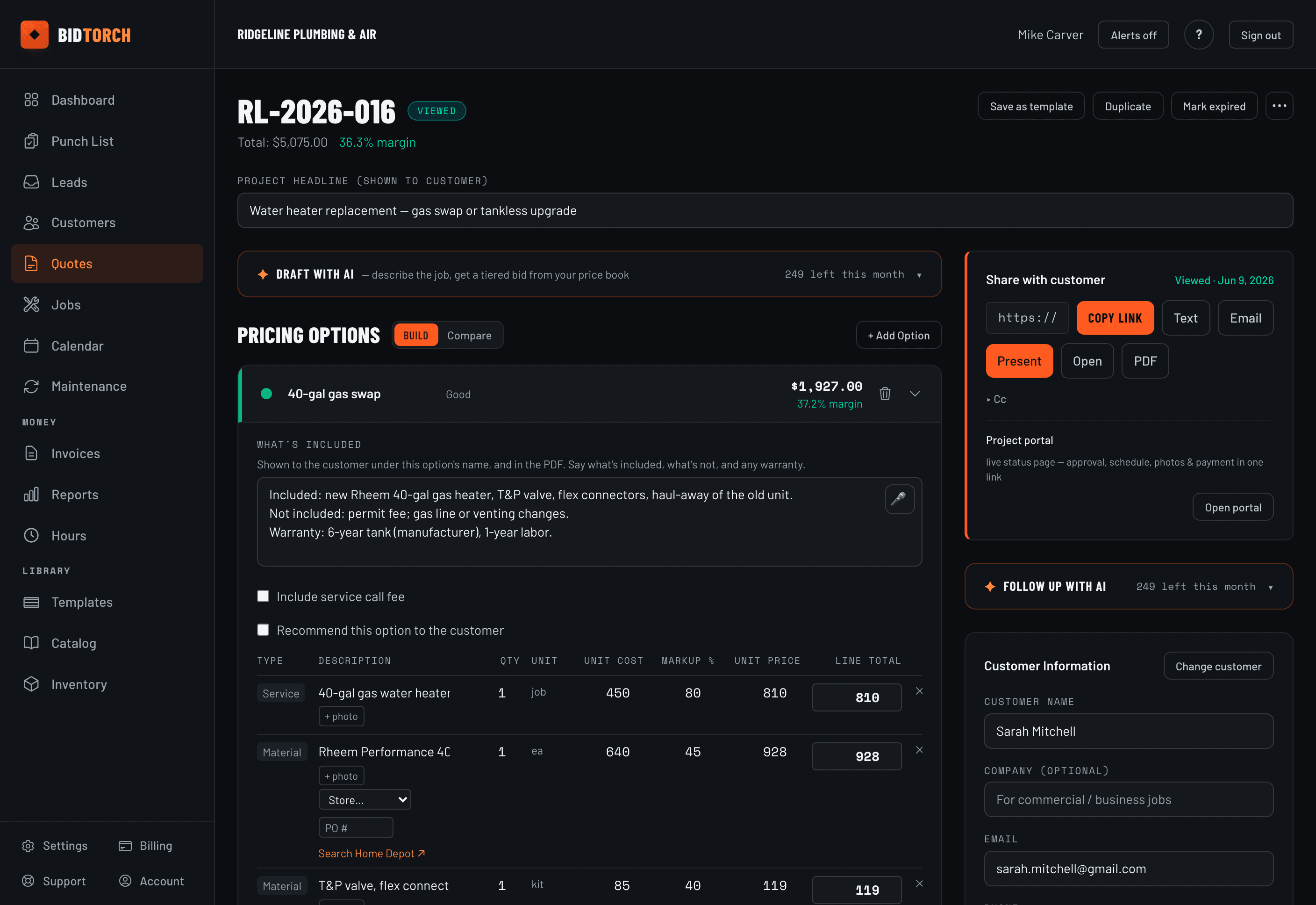 BidTorch quote builder — a priced option with what's included, line items, costs and margins, beside the share-with-customer panel