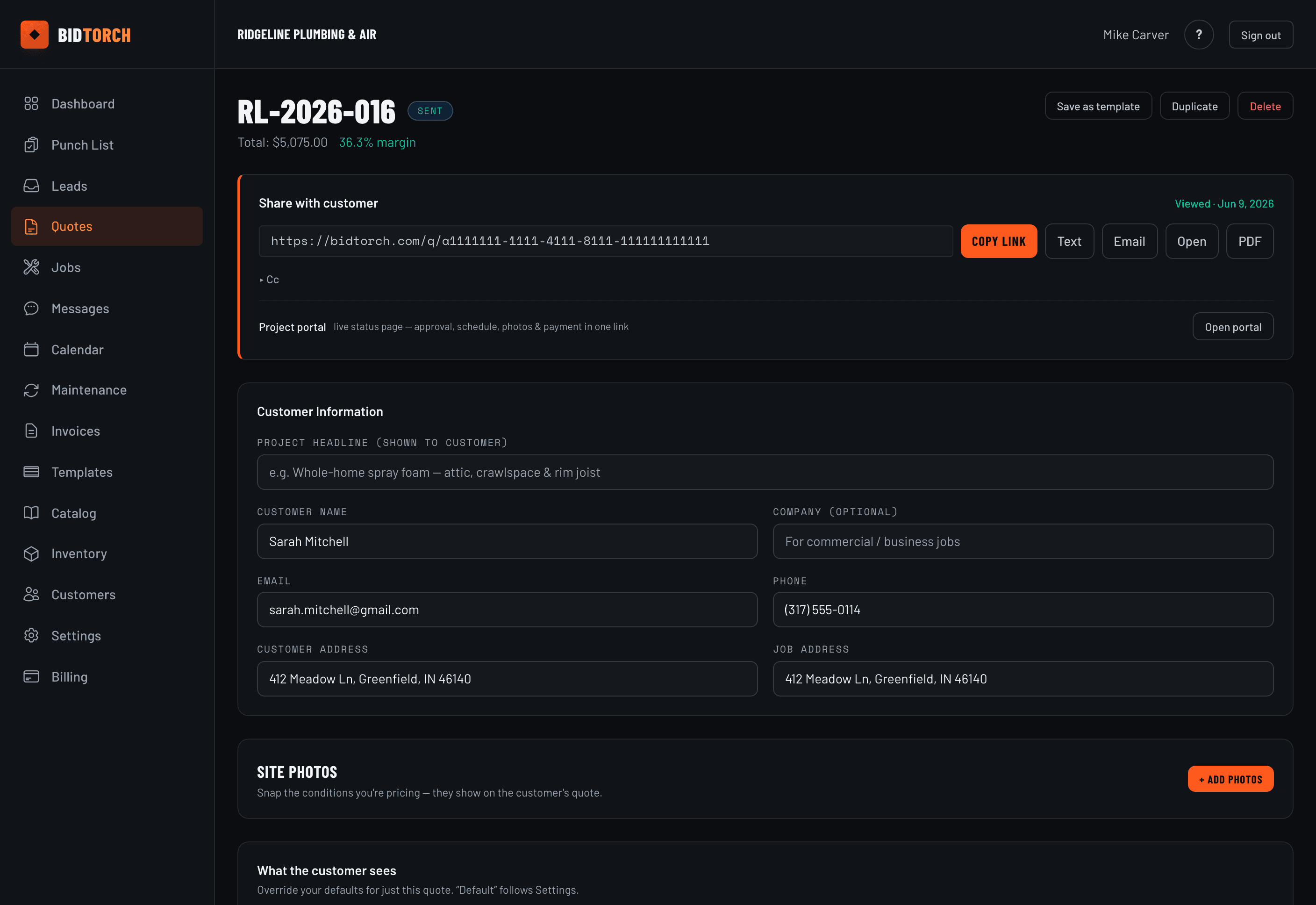 BidTorch quote builder — Good/Better/Best pricing options with line items, costs and margins