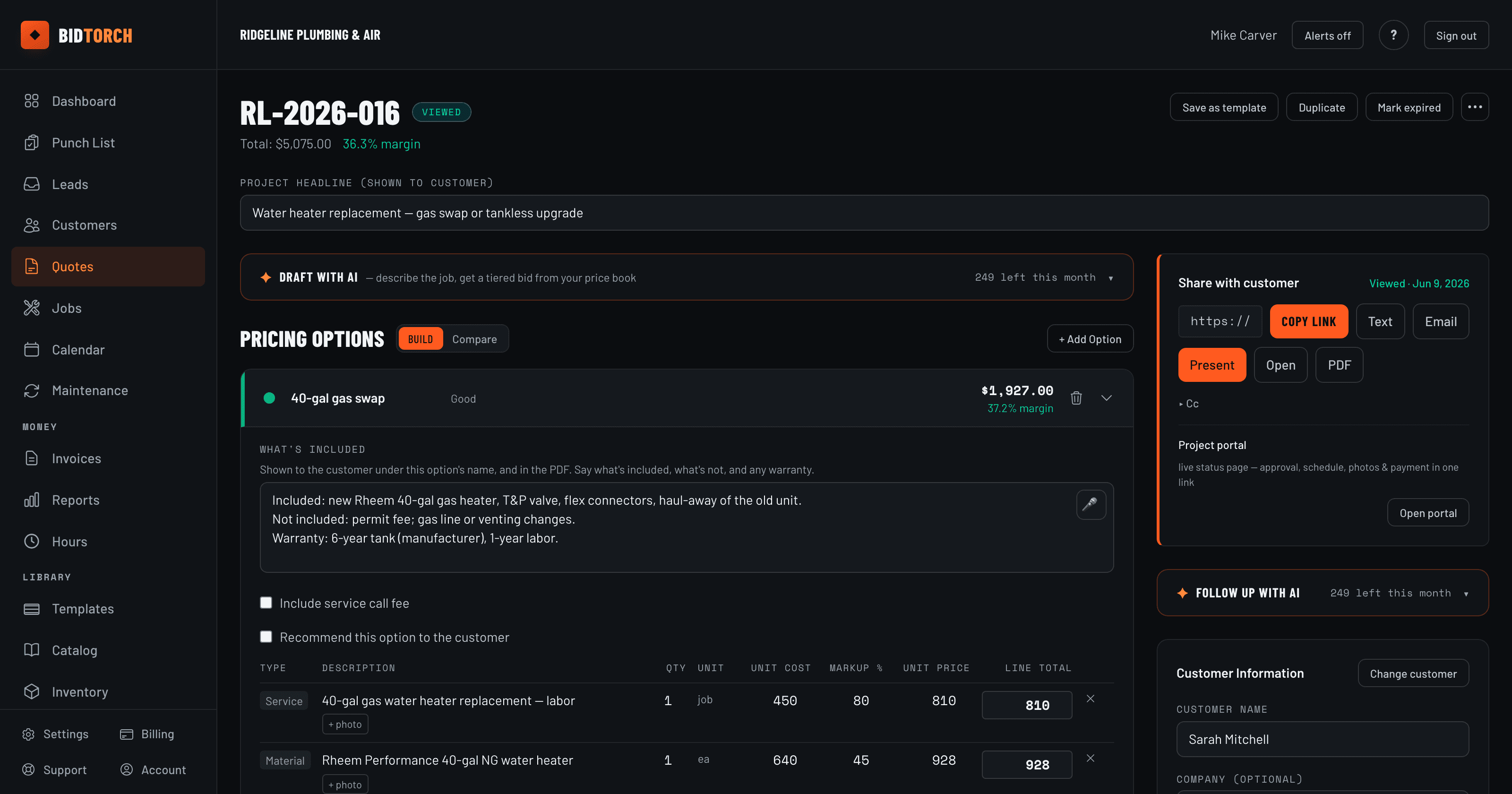 BidTorch estimate builder with a priced option, what's included, line items and margins