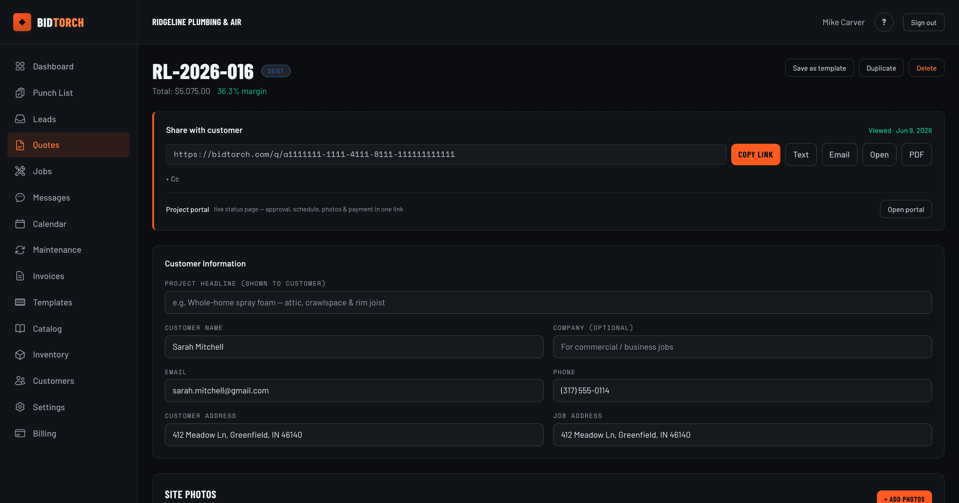 BidTorch estimate builder with tiered pricing options and line items