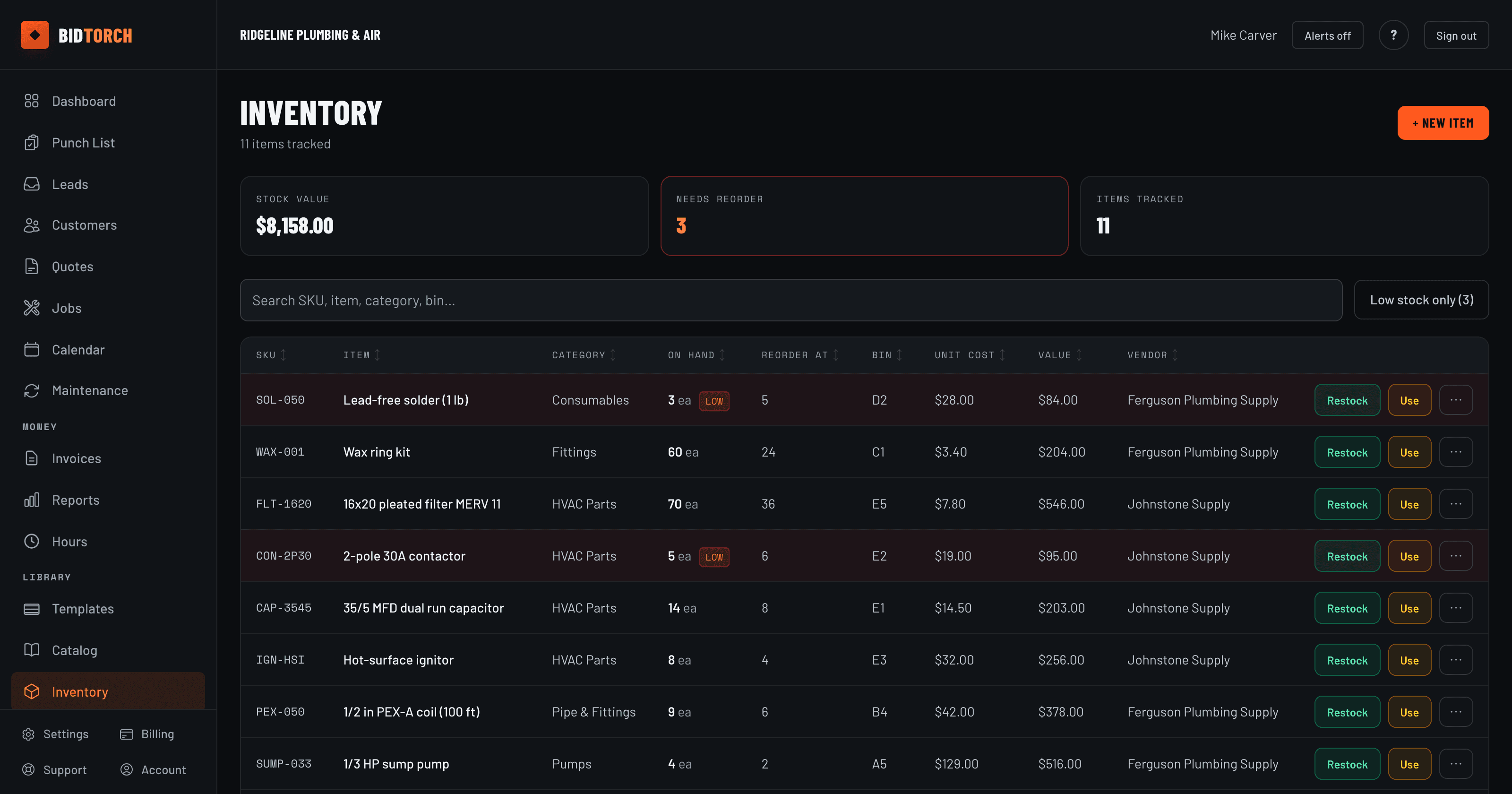 BidTorch inventory dashboard with stock levels, low-stock alerts, bins and vendors