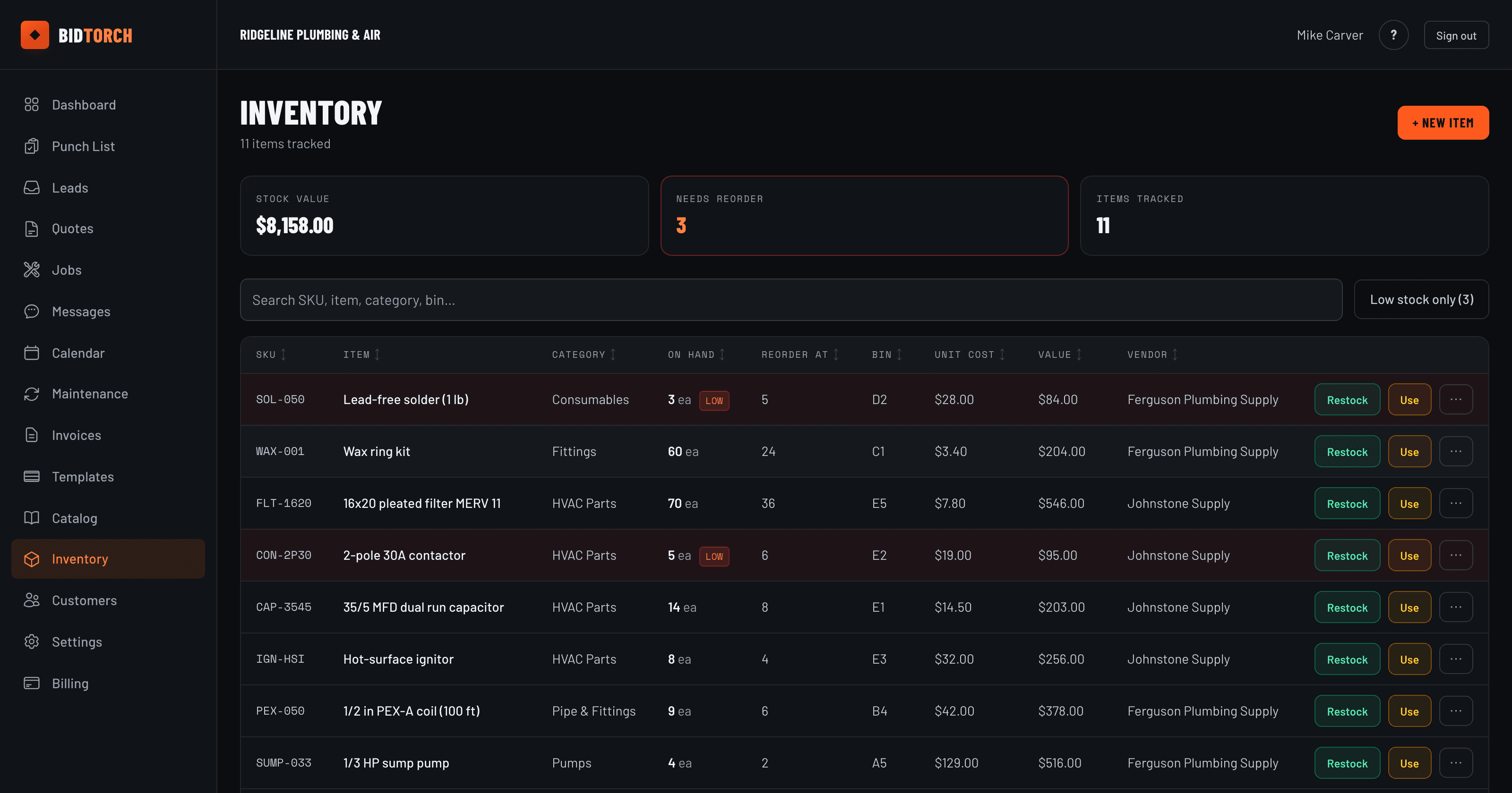 BidTorch inventory dashboard with stock levels, low-stock alerts, bins and vendors