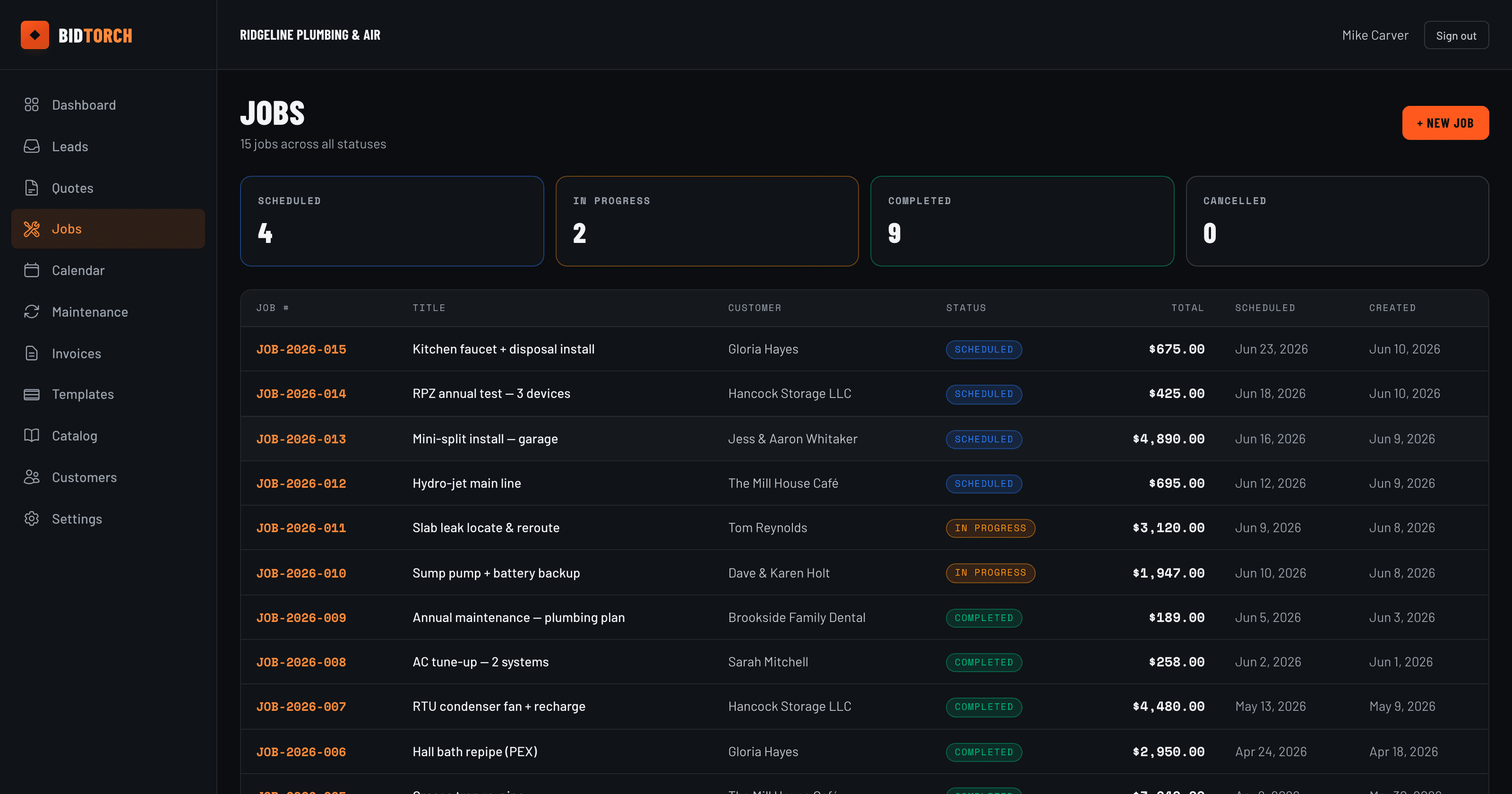 BidTorch jobs list with scheduled, in-progress and completed work