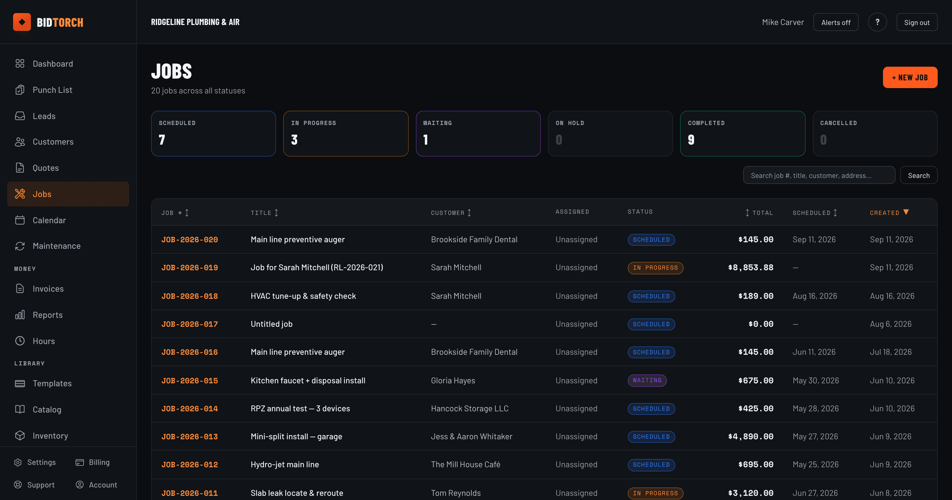 BidTorch jobs list with scheduled, in-progress and completed work
