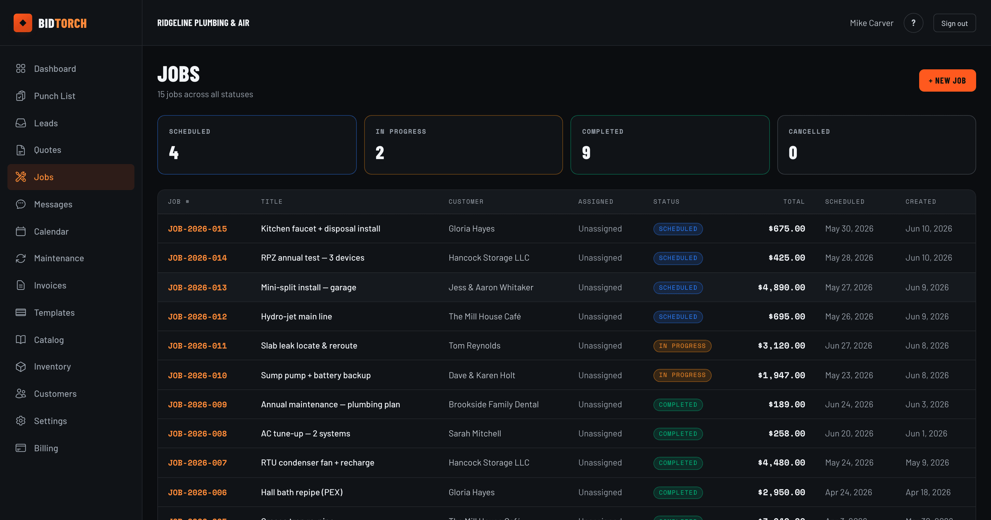 BidTorch jobs list with scheduled, in-progress and completed work