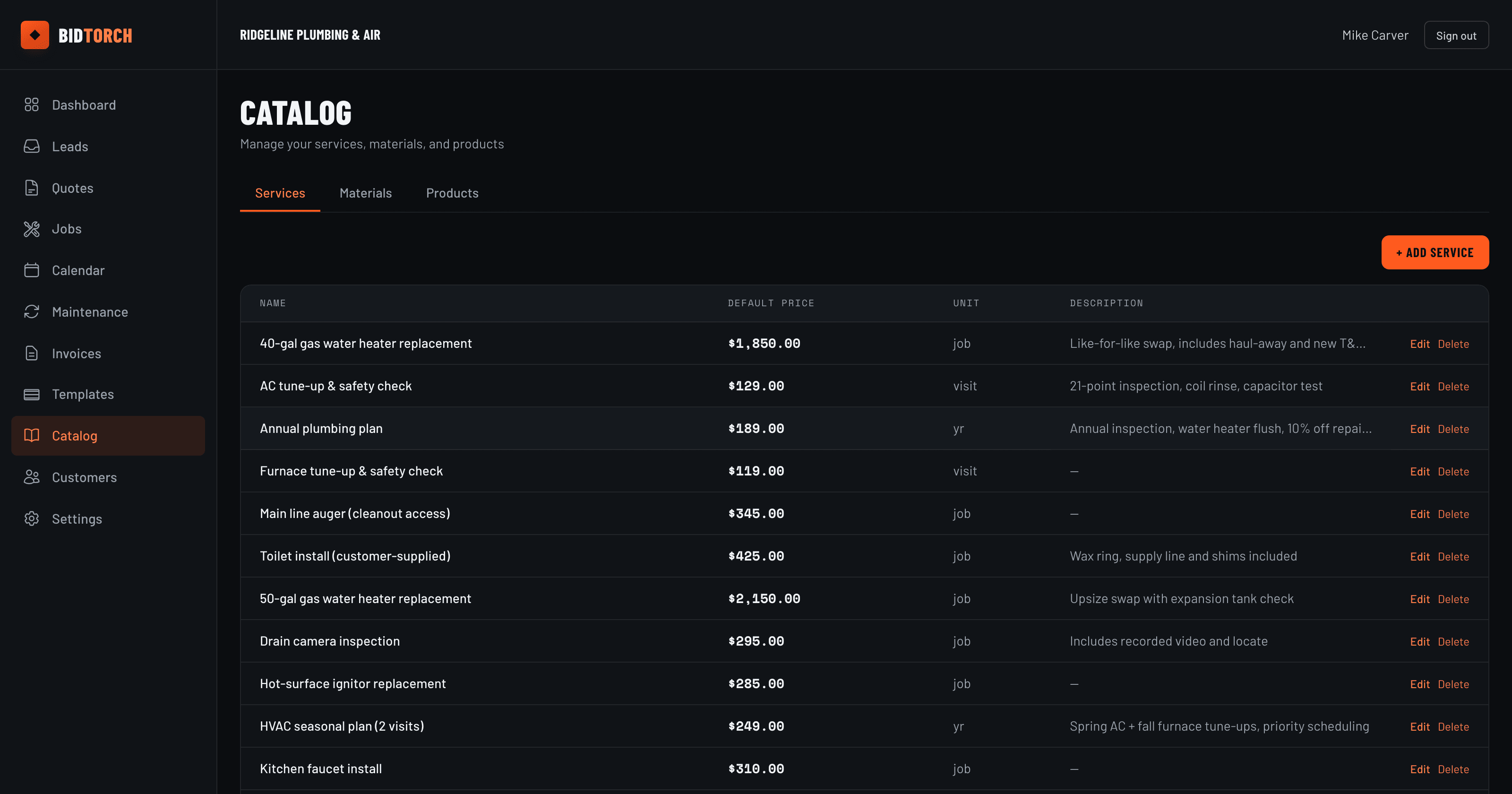 BidTorch catalog of services and materials with default pricing