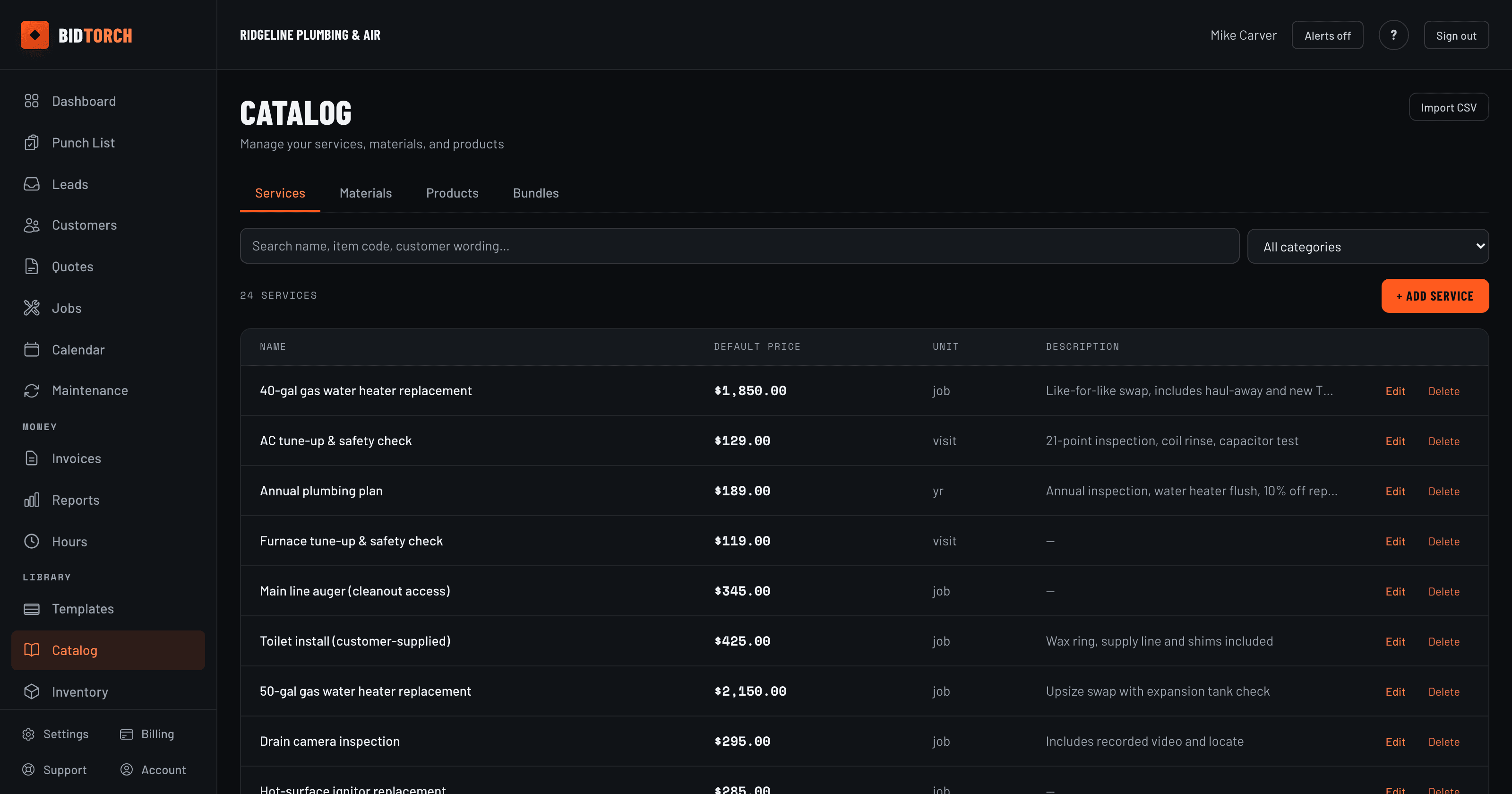 BidTorch catalog of services and materials with default pricing