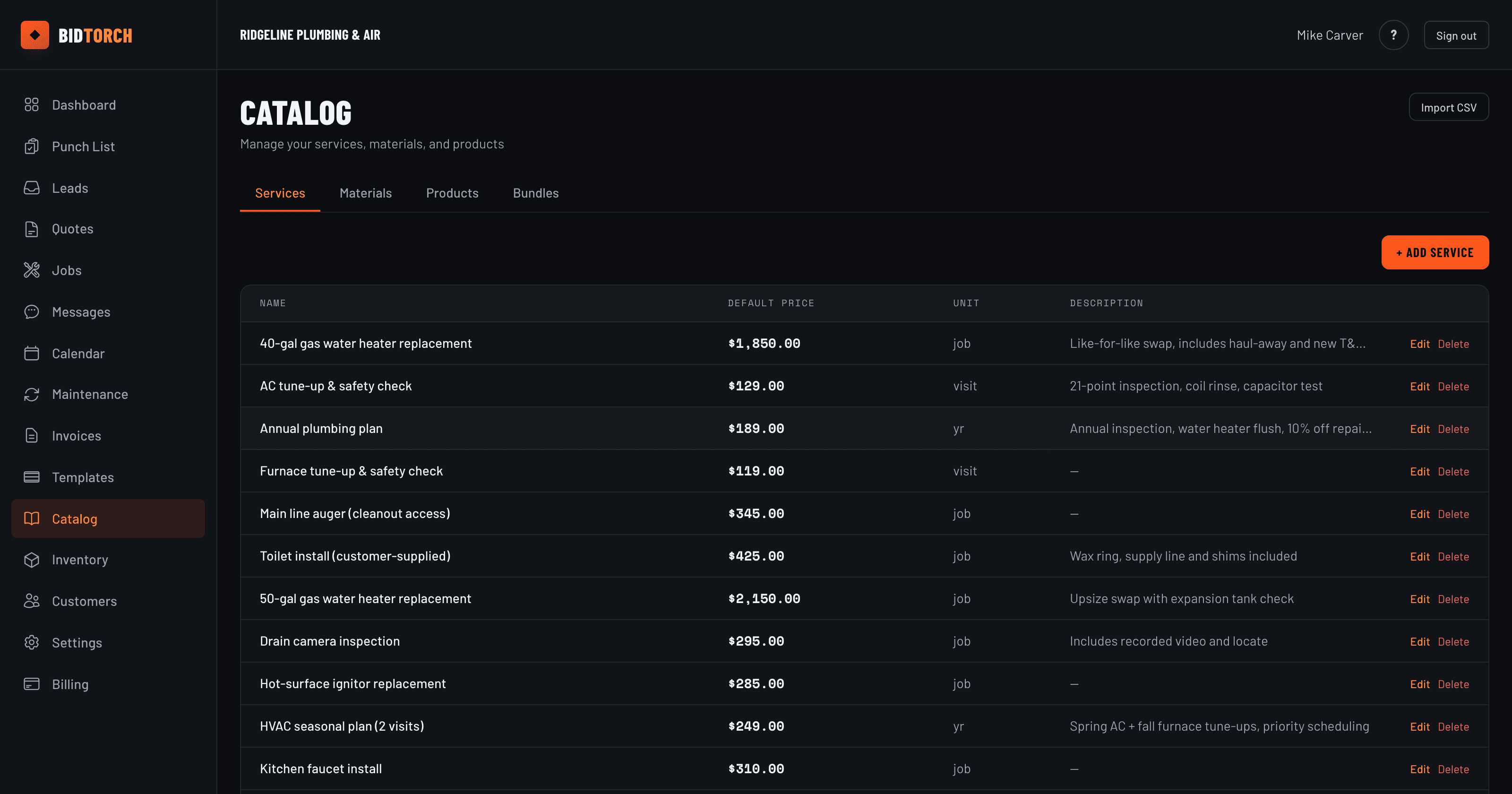 BidTorch catalog of services and materials with default pricing