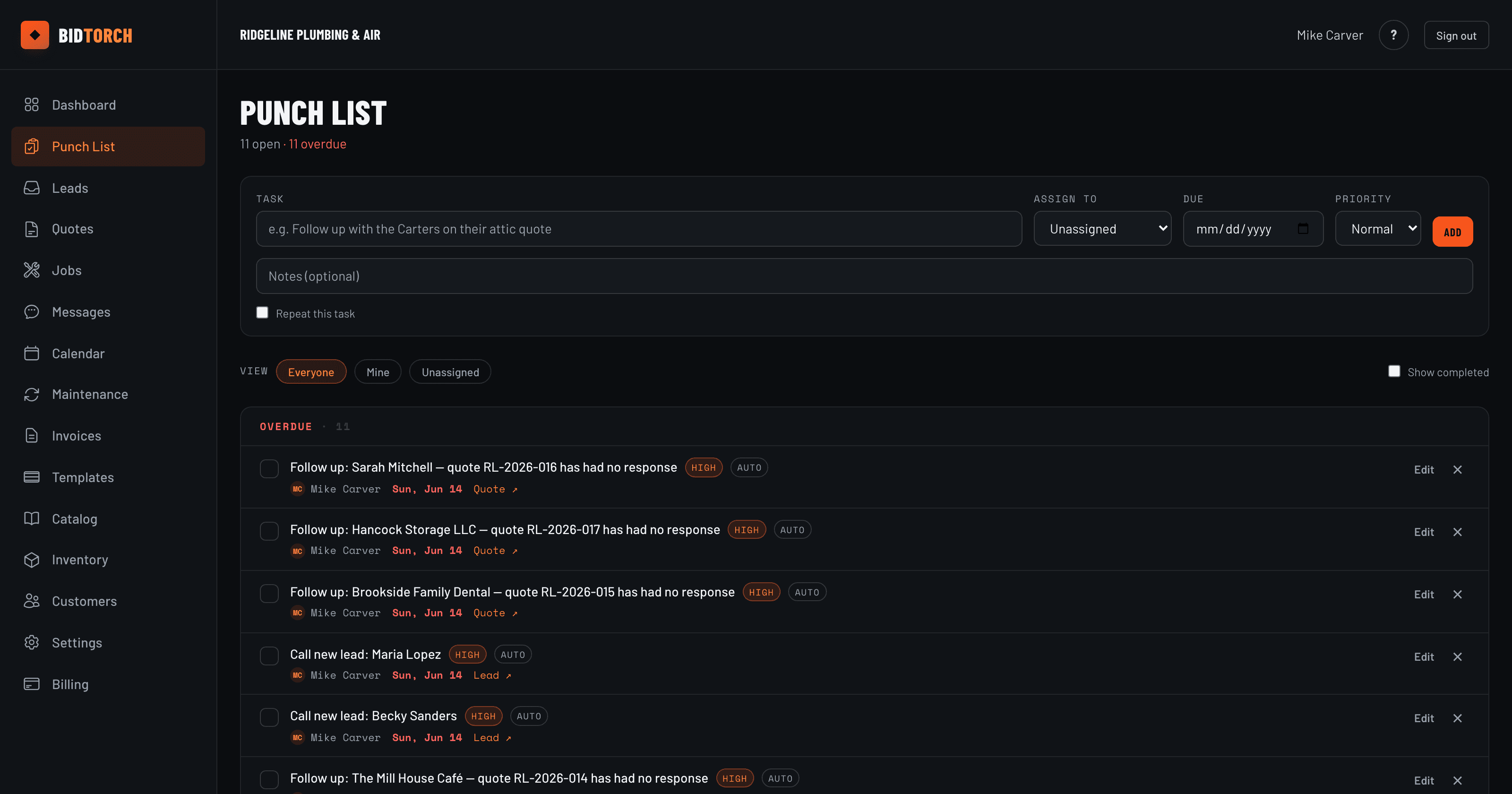 BidTorch punch list with automatic follow-up tasks for quiet quotes, uninvoiced jobs and overdue invoices