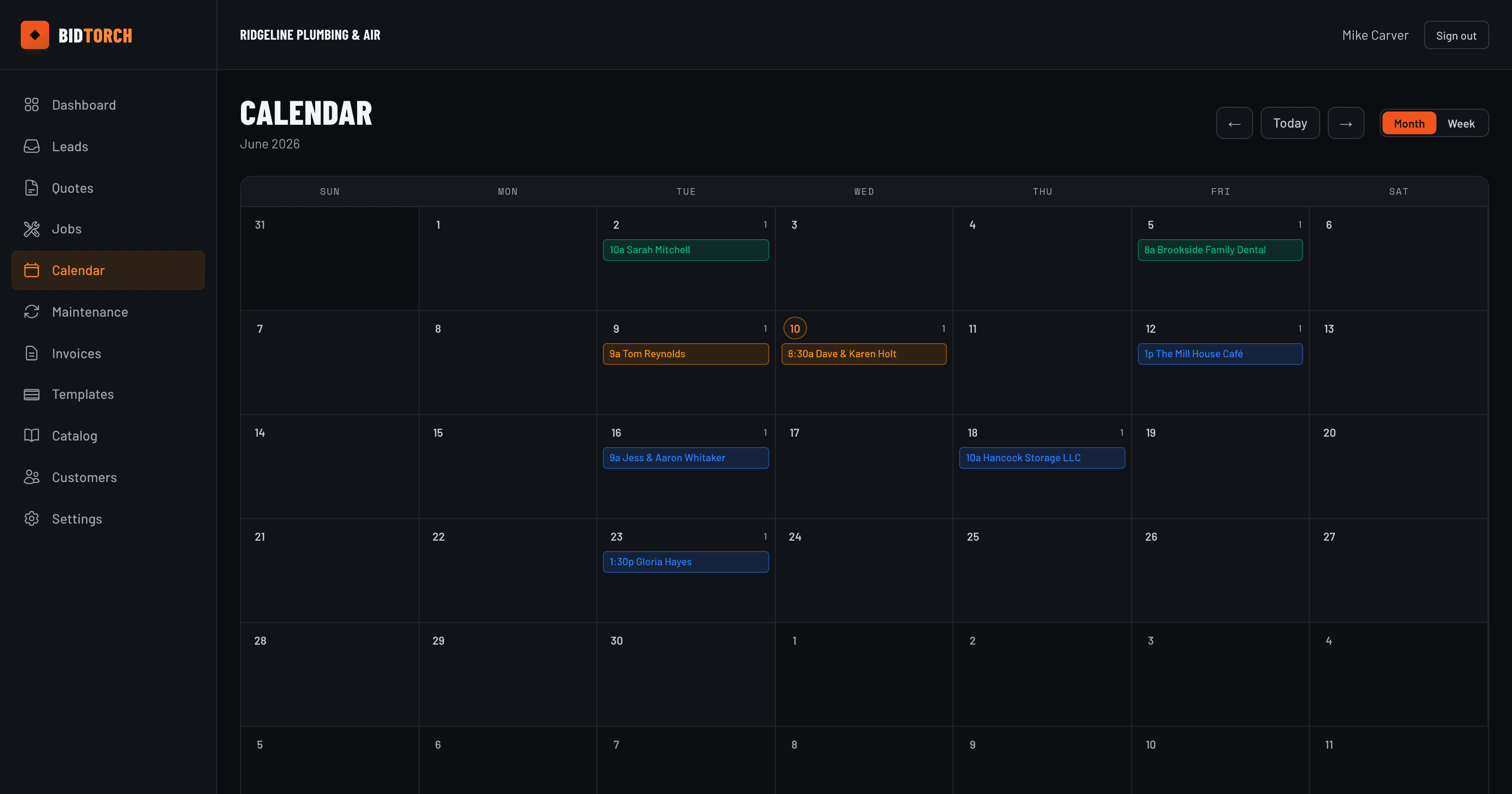 BidTorch month calendar with scheduled jobs