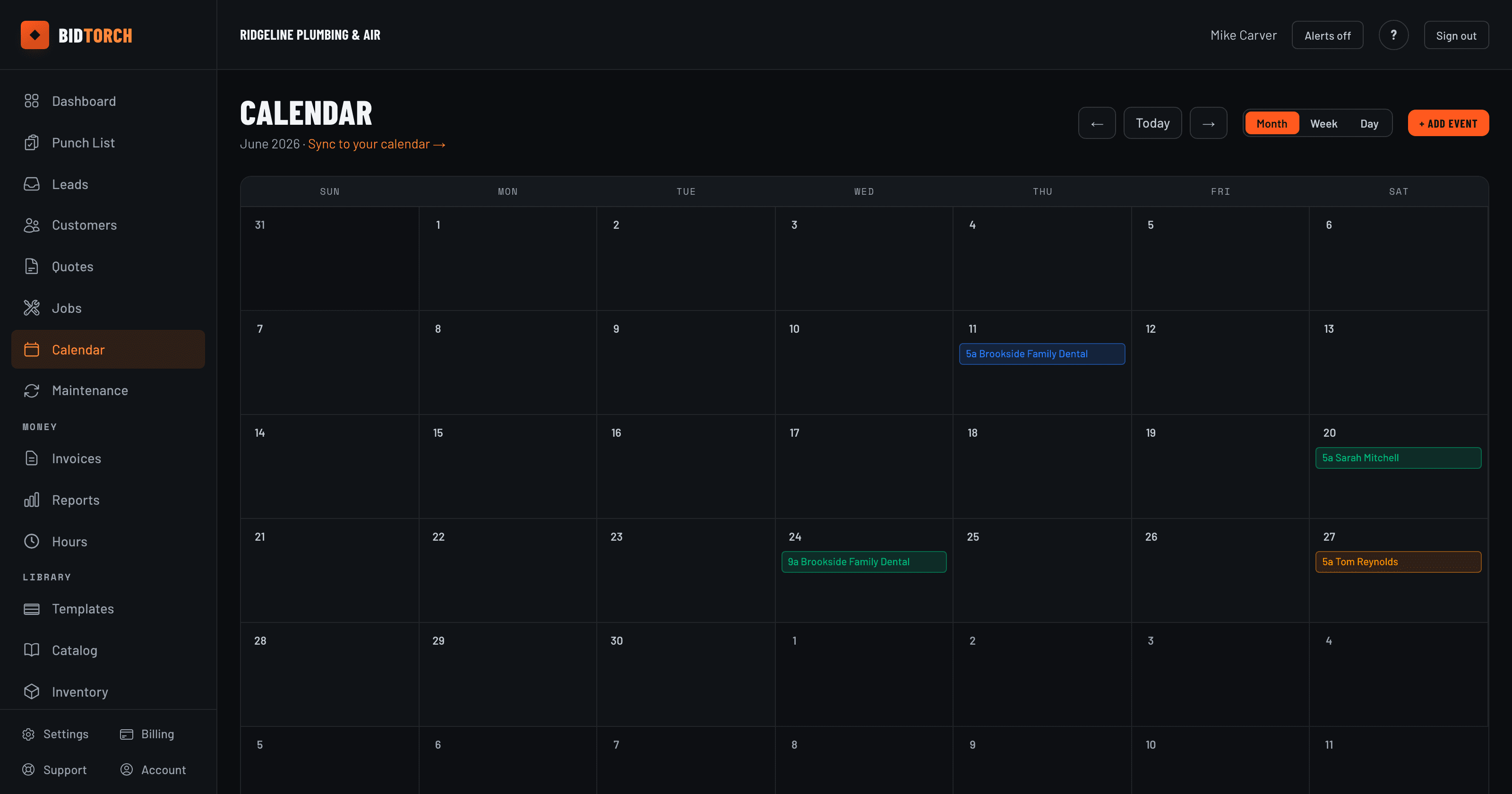 BidTorch month calendar with scheduled jobs