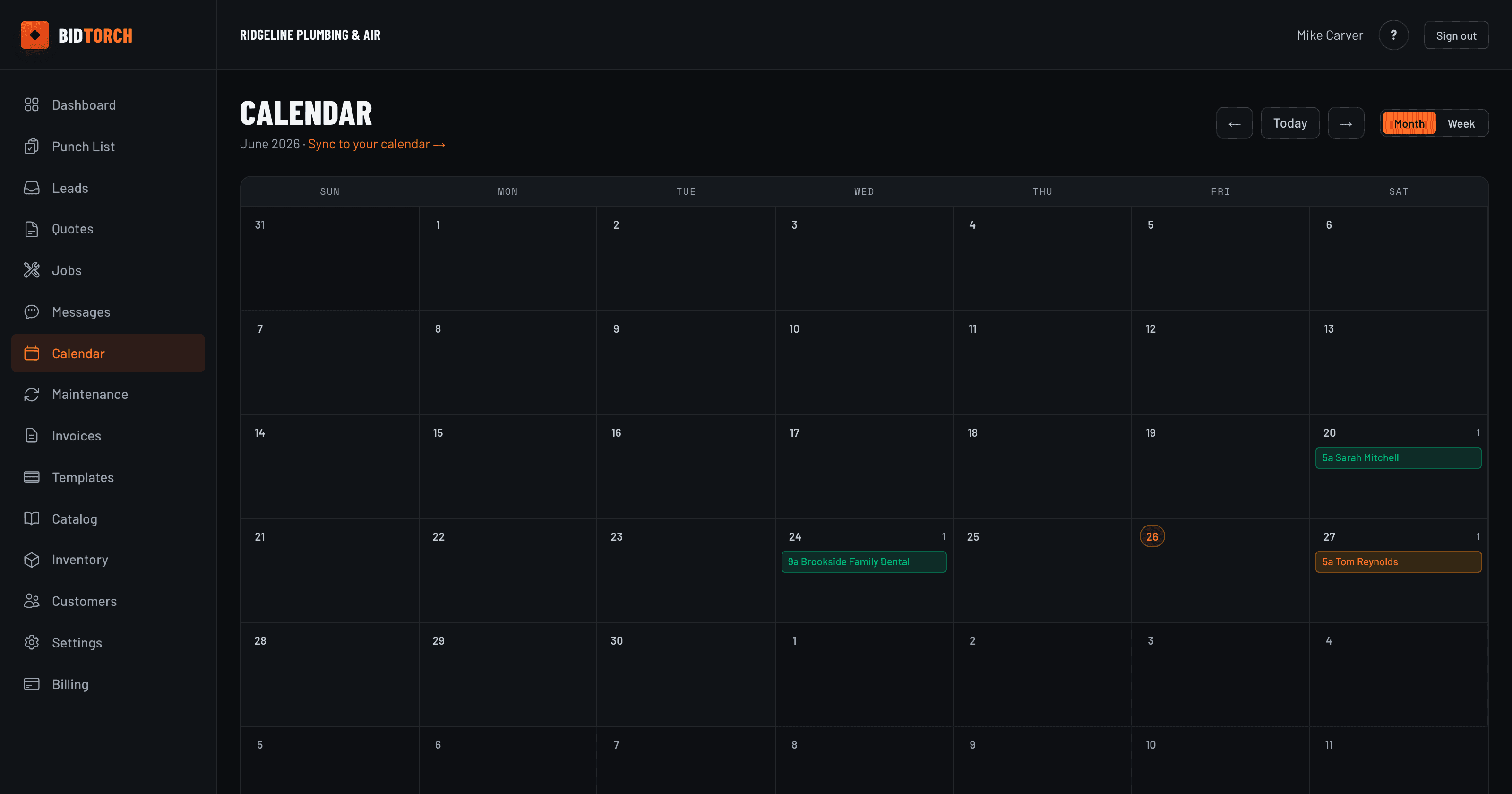 BidTorch month calendar with scheduled jobs