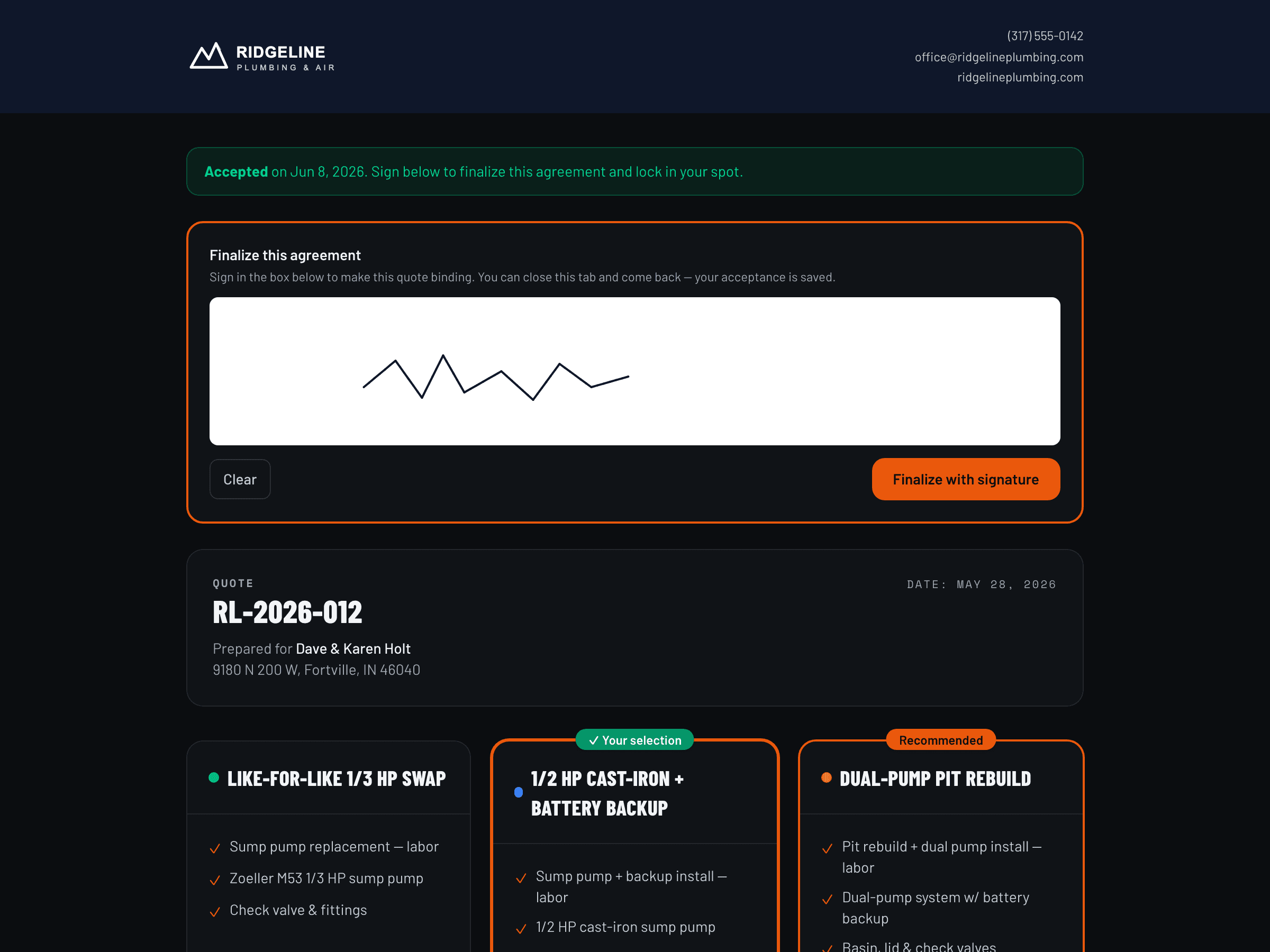 Accepted BidTorch quote with in-line e-signature pad