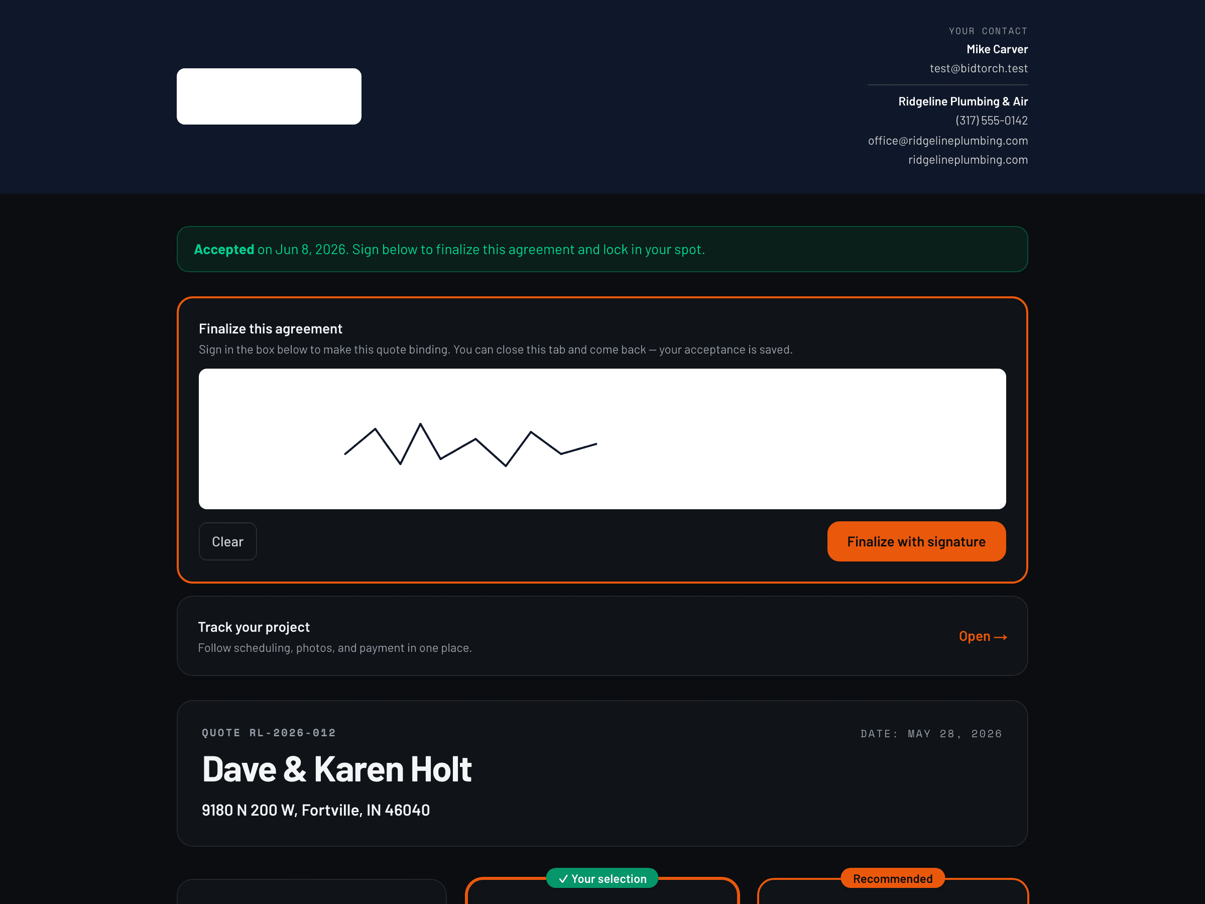 Accepted BidTorch quote with in-line e-signature pad