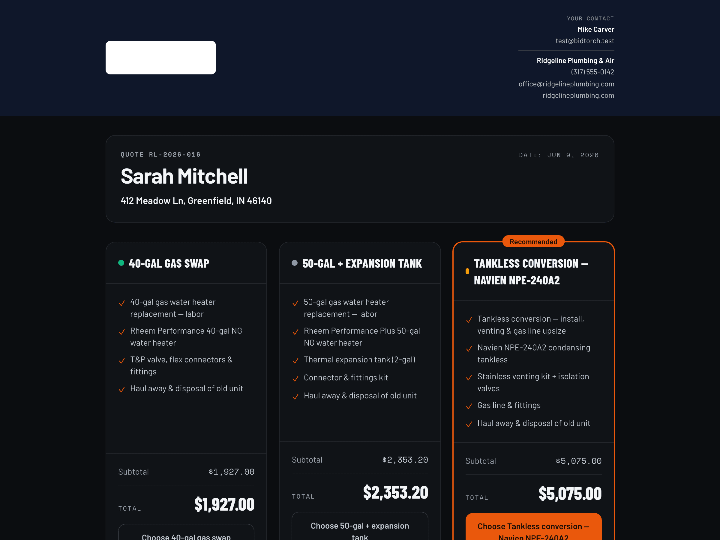 Customer view of a branded BidTorch estimate with three pricing options